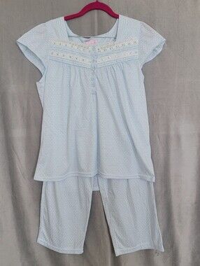 Girls Light Blue Dot Cap-Sleeve Pajama Set with Lace Trim, Size M, 12-14 Y